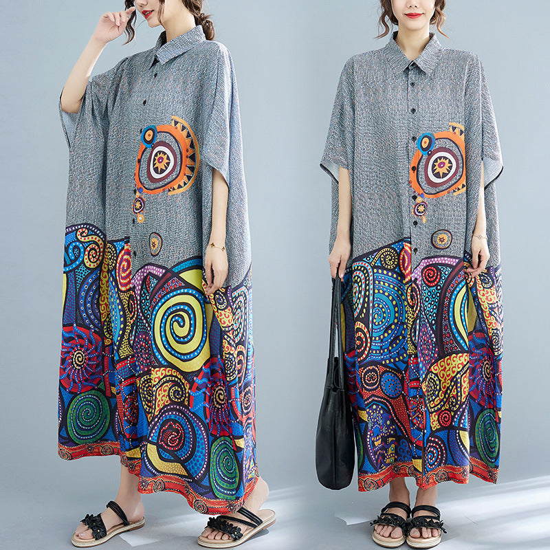 Summer New Artistic Large Size Printed Shirt Dress