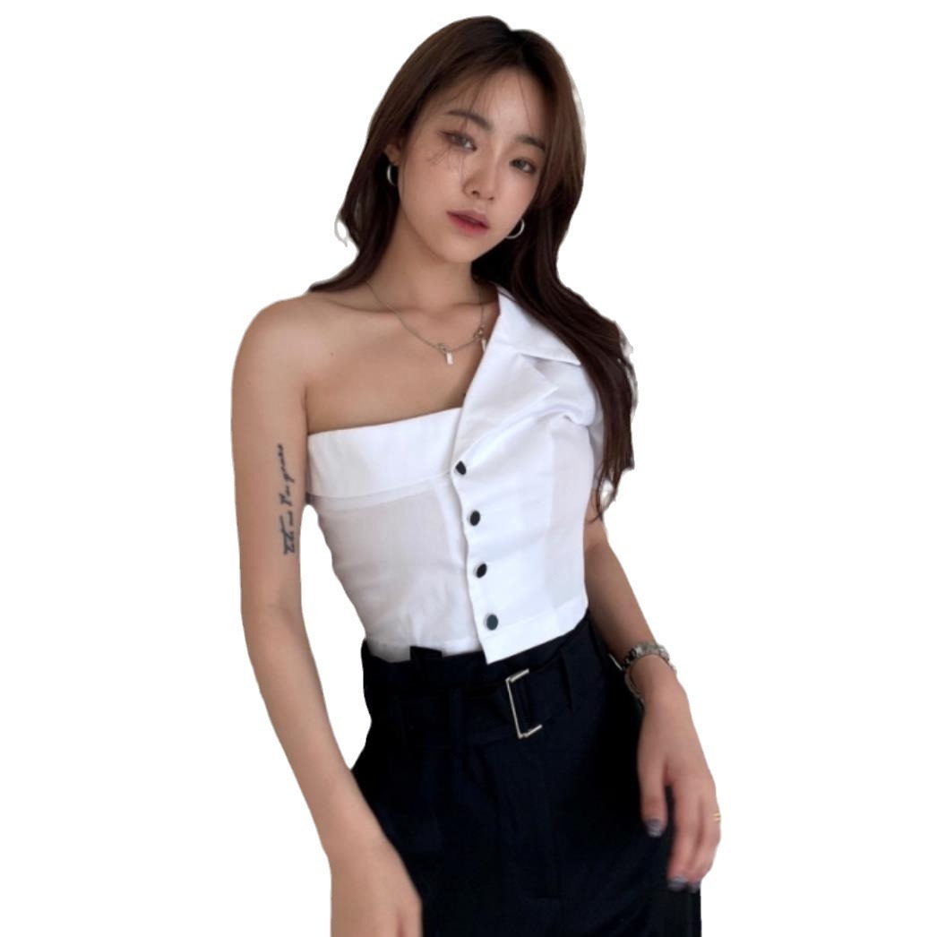 Summer Fashionable Irregular Off-shoulder Design Tube Top Single-breasted Shirt For Women