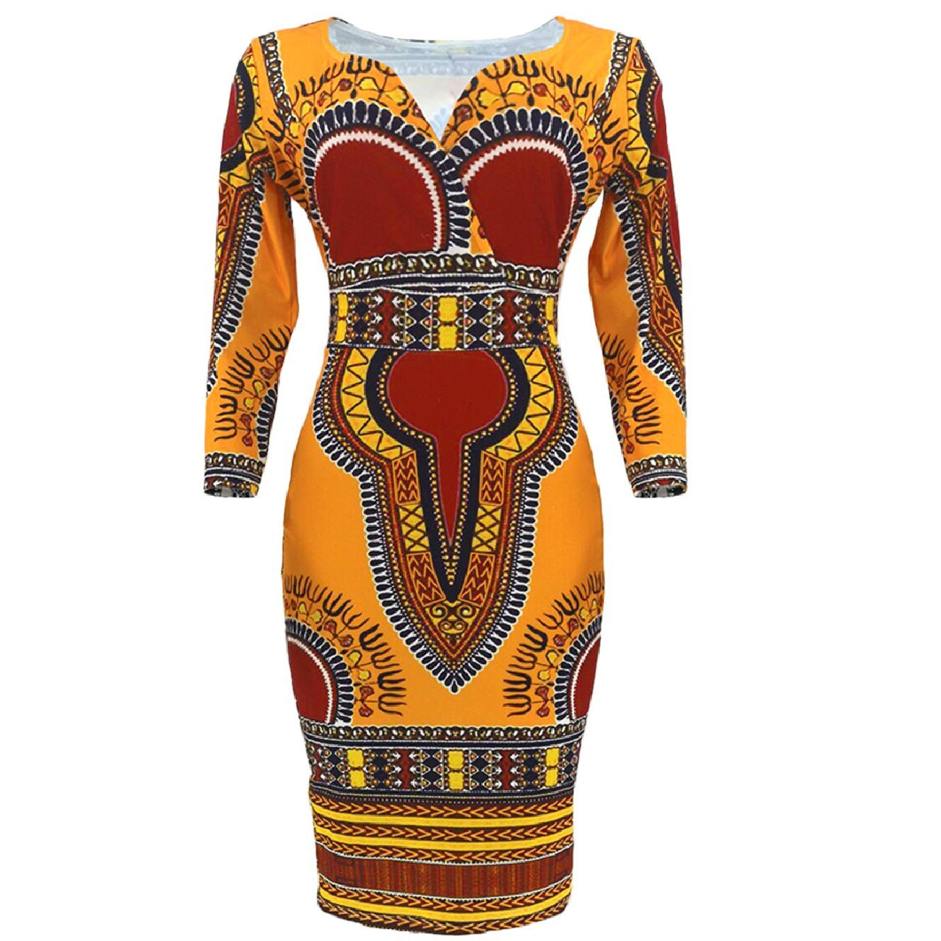 Summer V-neck 34 Sleeves Printed Slim-fit Sheath Dress European And American Large Size Fashion Women's Wear African Ethnic Style Dress