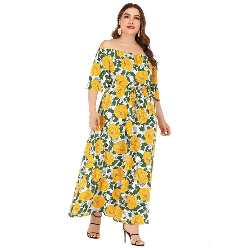 Cross-border large size women's 19 spring and summer fashion print dress holiday style Europe and the United States loose long skirt boho