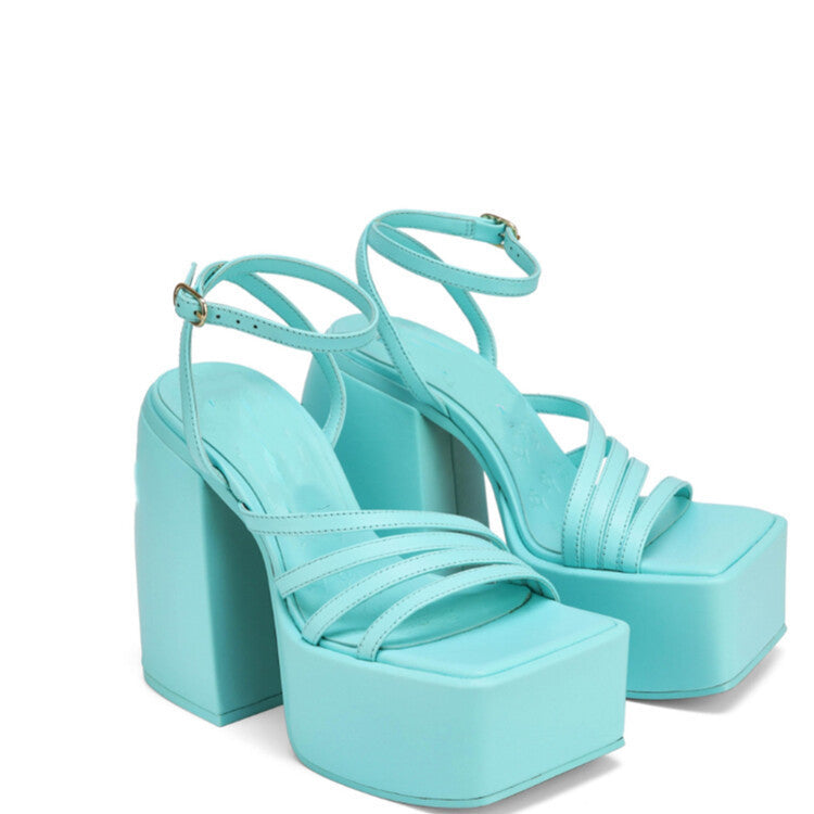 Square Toe Platform One-Line Solid Color Chunky Heeled High Heel Sandals