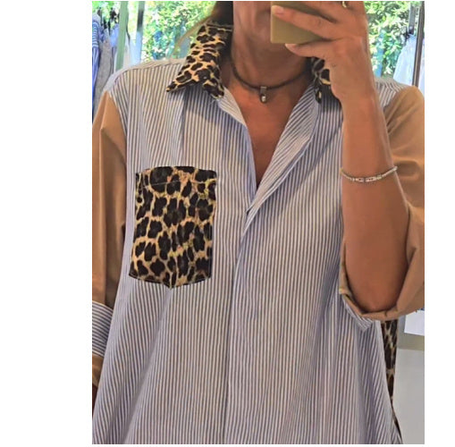 Loose Leopard Print Patchwork Stripes Shirt Dress Women's Clothing