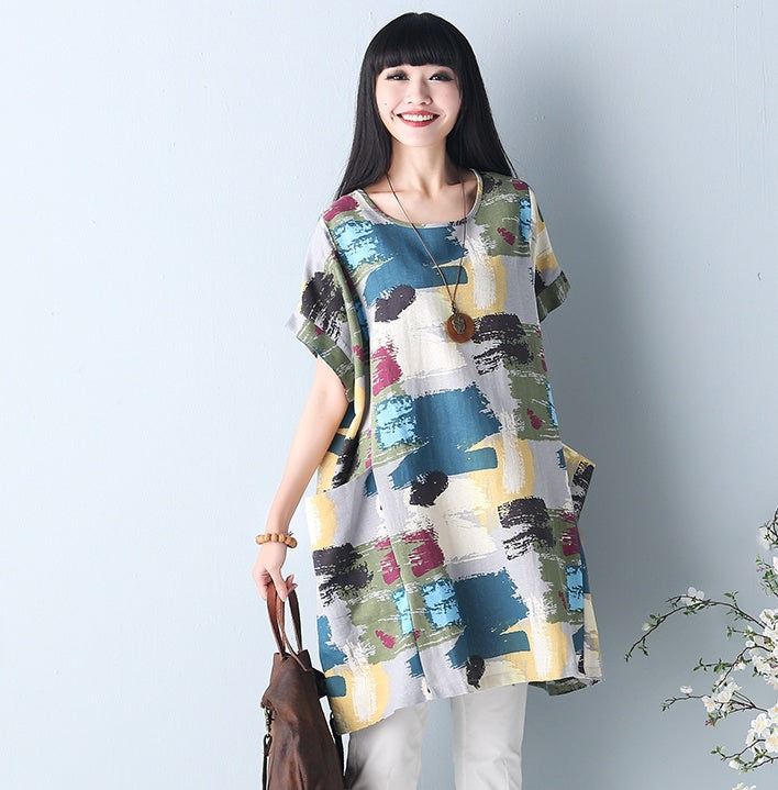 Spring and summer women's new loose 200 kg large size fat MM primer skirt art van wash cotton and linen dress