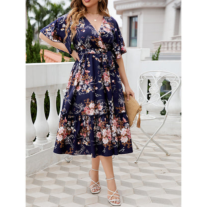 Summer V-neck Dark Blue Print Plus Size Dress