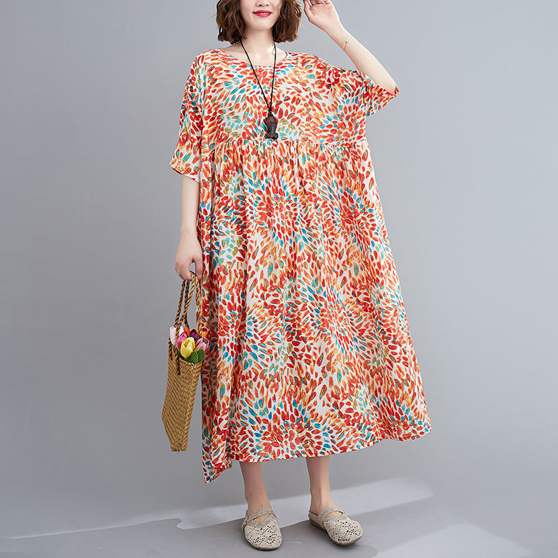 Summer New Artistic Large Size Loose Cotton And Linen Short Sleeve Printed Dress Women's Dress