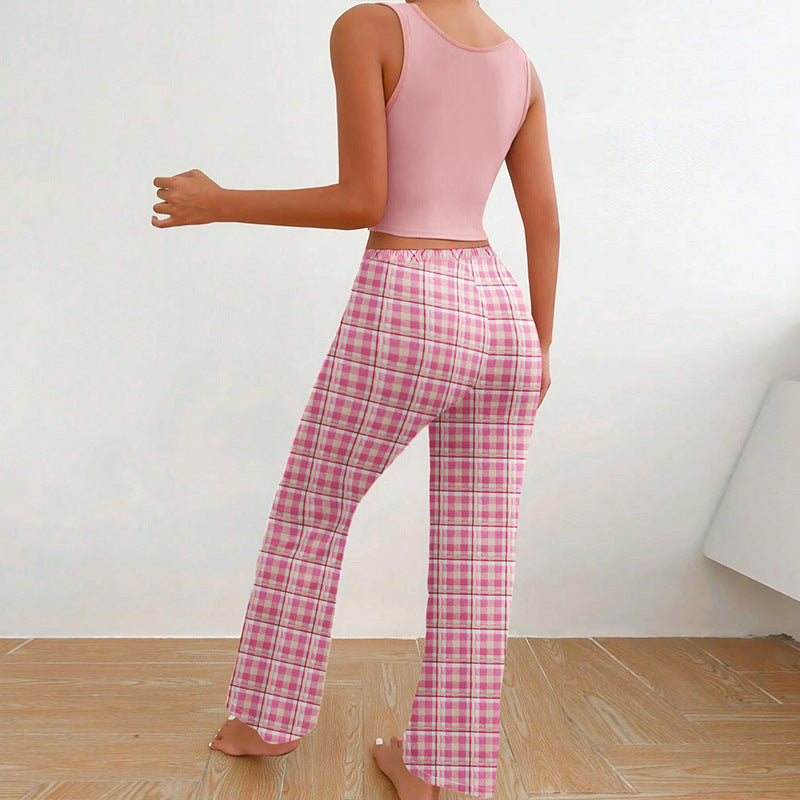 Cute Women Clothing Homewear Vest Color Matching Plaid Trousers Letter Print Top Women Suit Pajamas For Women