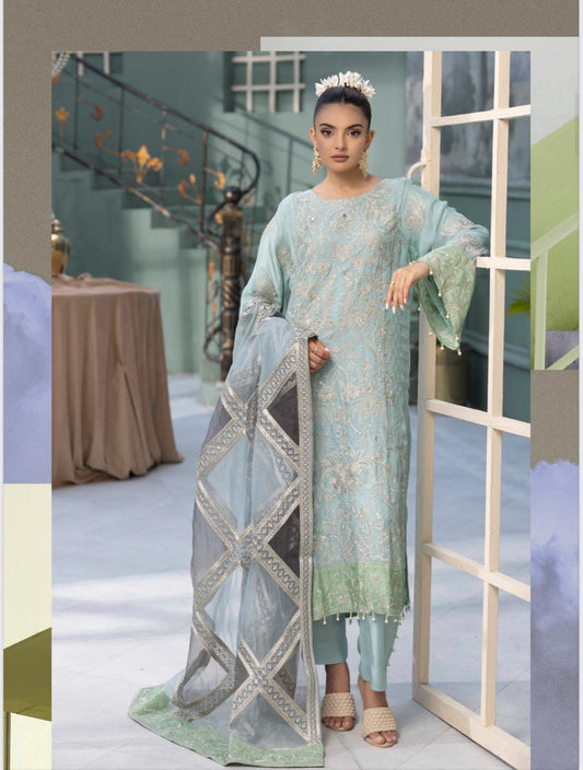 Flossie By Simran’s – 3 Piece Chiffon Embroidered Suit | Sizes S–2XL (Pastel Ice Blue)