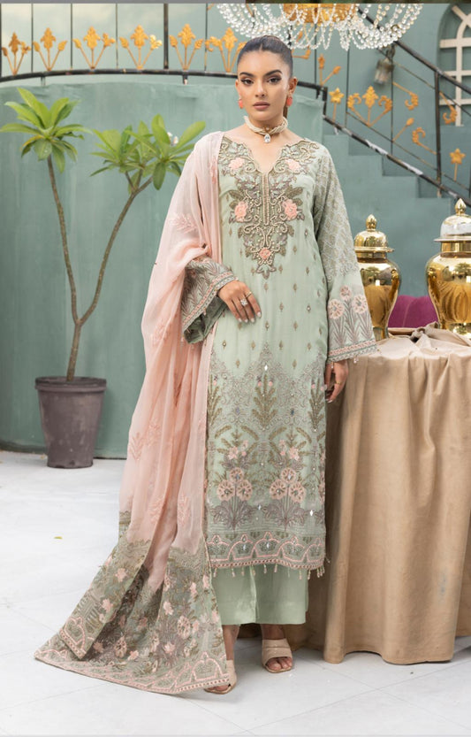 Flossie By Simran’s – 3 Piece Chiffon Embroidered Suit | Sizes S–2XL (Mint Green)