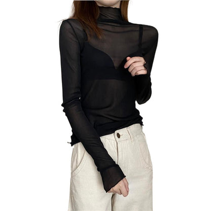 Slim-fit High Collar Long-sleeved Lace Base Shirt Women&#039;s Thin Mesh Top Autumn And Winter Black Wooden Ear-rimmed Shirt For Women