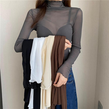 Slim-fit High Collar Long-sleeved Lace Base Shirt Women&#039;s Thin Mesh Top Autumn And Winter Black Wooden Ear-rimmed Shirt For Women