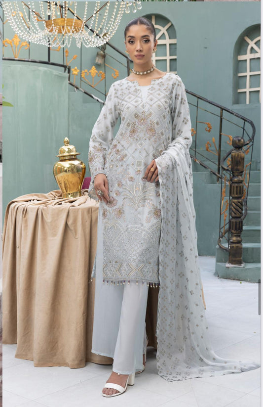 Flossie By Simran’s – 3 Piece Chiffon Embroidered Suit | Sizes S–2XL (Baby Blue)