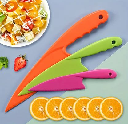 3pcs Plastic Serrated Kitchen Knives Set - ABS Material, Uncharged, Multipurpose Slicing Tools for Cake, Cheese, Bread, Vegetables, and Fruits