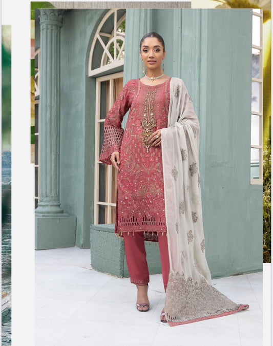 Flossie By Simran’s – 3 Piece Chiffon Embroidered Suit | Sizes S–2XL Colour Rust