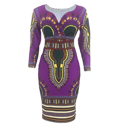 Summer V-neck 34 Sleeves Printed Slim-fit Sheath Dress European And American Large Size Fashion Women's Wear African Ethnic Style Dress