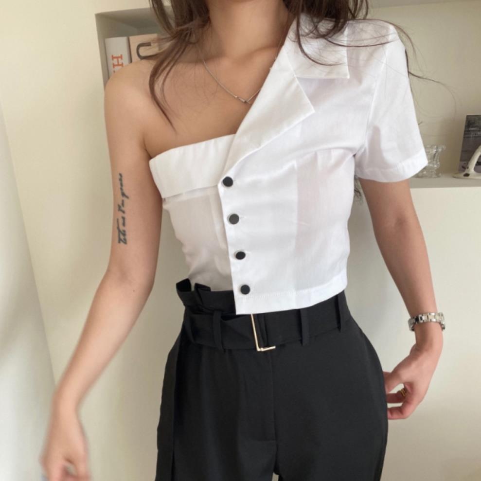 Summer Fashionable Irregular Off-shoulder Design Tube Top Single-breasted Shirt For Women