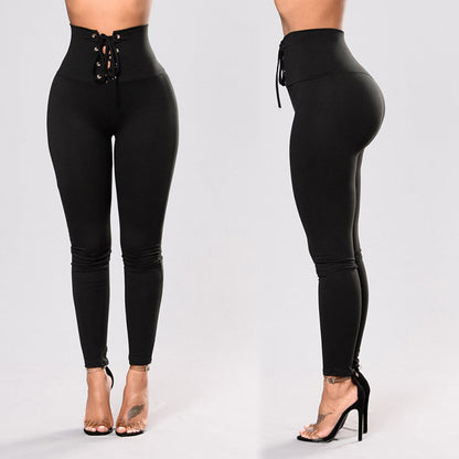 High Waist Lace-up Belly Contracting And Close-fitting Leggings