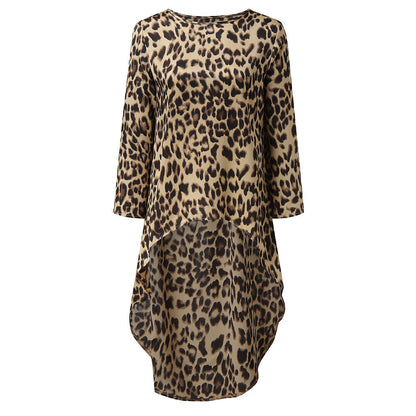 Leopard Print Long Sleeve Irregular Dress Women's Clothing