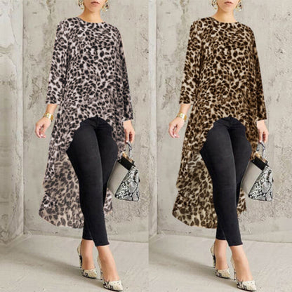 Leopard Print Long Sleeve Irregular Dress Women's Clothing