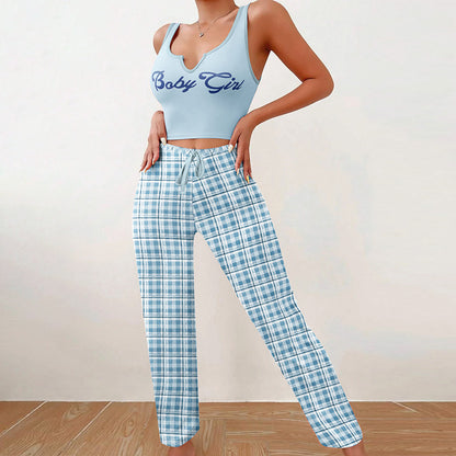 Cute Women Clothing Homewear Vest Color Matching Plaid Trousers Letter Print Top Women Suit Pajamas For Women