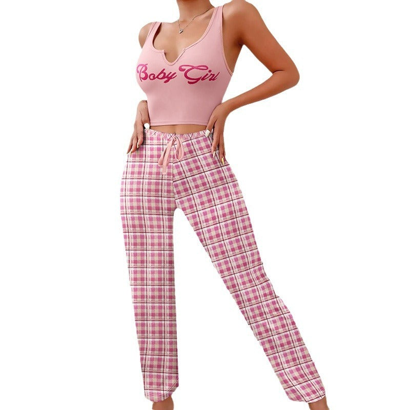 Cute Women Clothing Homewear Vest Color Matching Plaid Trousers Letter Print Top Women Suit Pajamas For Women