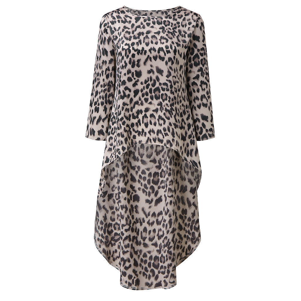 Leopard Print Long Sleeve Irregular Dress Women's Clothing