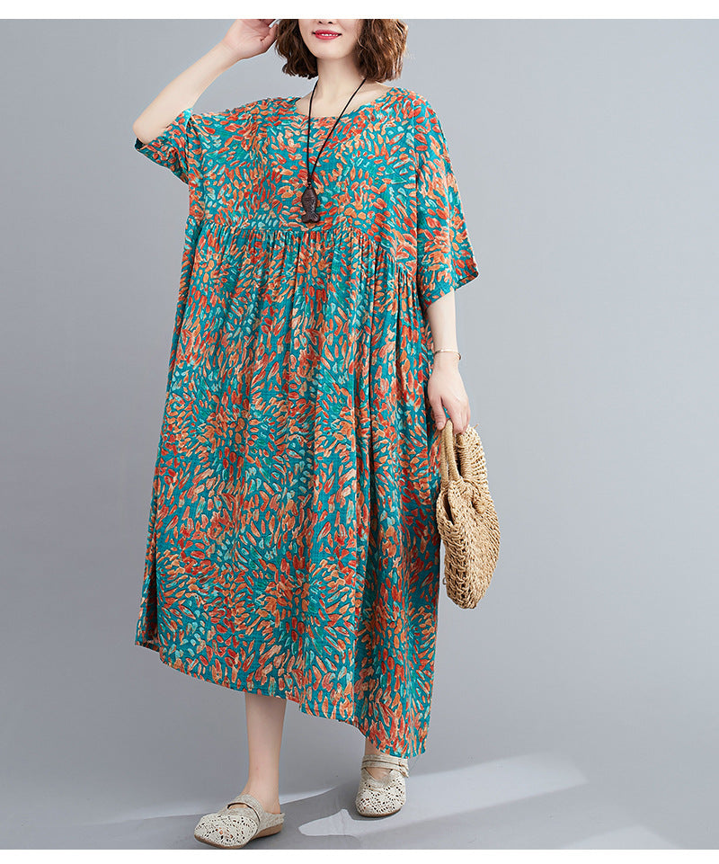 Summer New Artistic Large Size Loose Cotton And Linen Short Sleeve Printed Dress Women's Dress