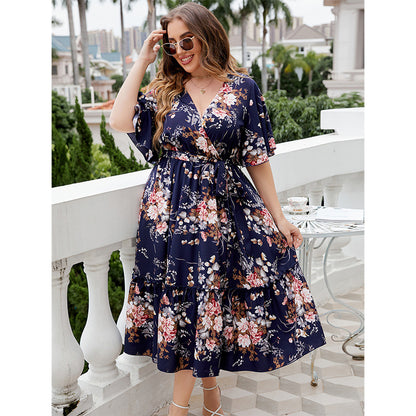 Summer V-neck Dark Blue Print Plus Size Dress