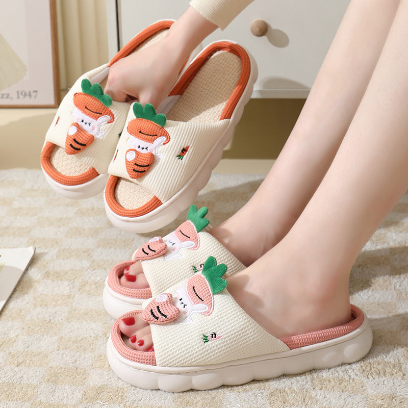 Cute Carrot Rabbit Shoes Linen Slippers Men And Women Couples Indoor Non-slip Thick Bottom House Shoes