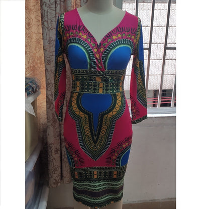 Summer V-neck 34 Sleeves Printed Slim-fit Sheath Dress European And American Large Size Fashion Women's Wear African Ethnic Style Dress