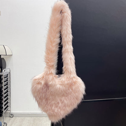 Winter Fleece Shoulder Bags Women Heart Shape Cross body Bag Plush Large Capacity Love Bag