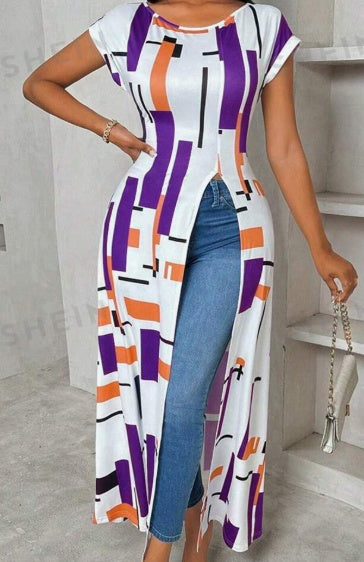 Women's Casual Geometric Print High Slit Maxi T-Shirt, Summer