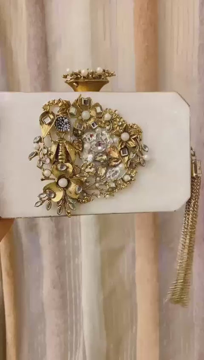 Turkish Handmade Clutch Bag – Crystal Embellished Evening Purse with Gold Floral Design, Beaded Tassel | Luxury Gift Bag for Weddings, Parties & Bridal Events