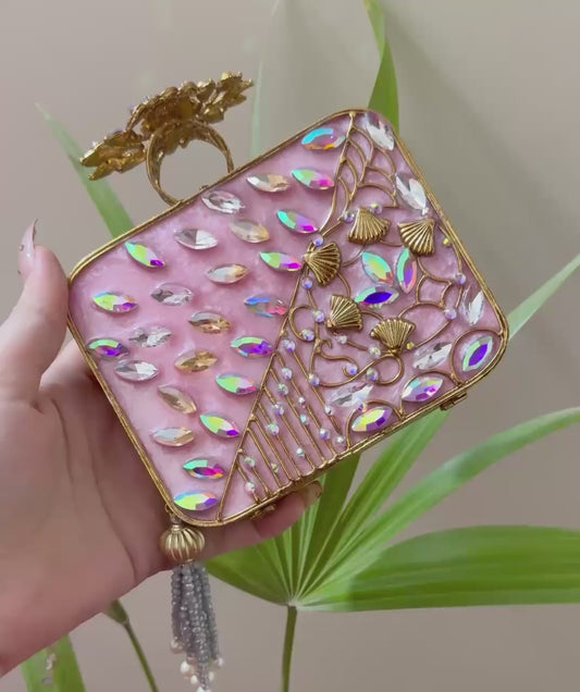 Turkish Style Luxury Handcrafted Clutch – Floral Embellished Square Bag with Beaded Tassel