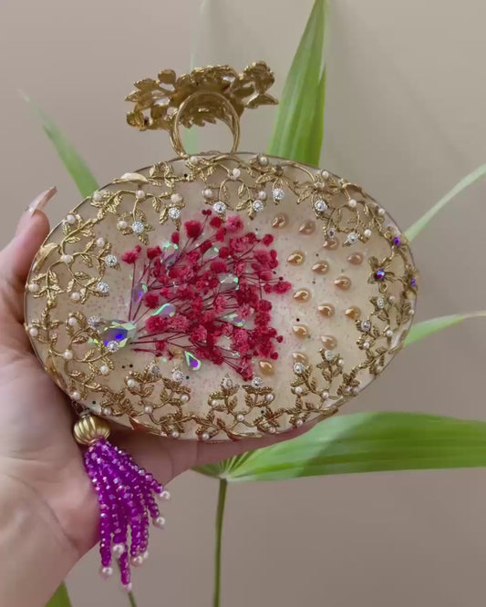 Clearence Sale-Turkish Style Luxury Handcrafted Clutch – Floral Embellished Oval Bag with Beaded Tassel-