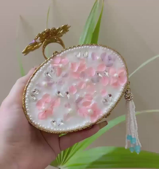 Turkish Handmade Clutch Bag – Crystal Embellished Evening Purse with Gold Floral Design, Beaded Tassel | Luxury Gift Bag for Weddings, Parties & Bridal Events